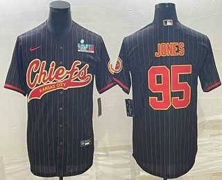 Mens Kansas City Chiefs #95 Chris Jones Black Pinstripe With Super Bowl LVII Patch Cool Base Stitched Baseball Jersey->kansas city chiefs->NFL Jersey